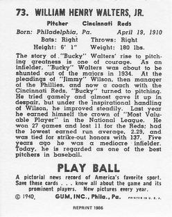 1986 1940 Play Ball (Reprint) #73 Bucky Walters Back