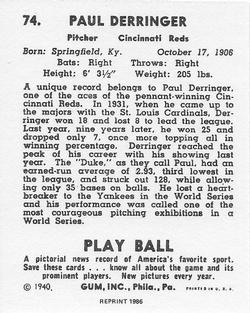 1986 1940 Play Ball (Reprint) #74 Paul Derringer Back