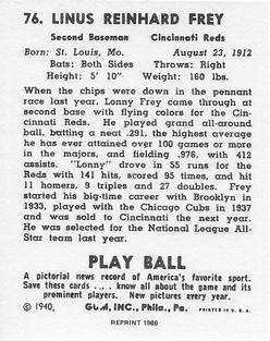 1986 1940 Play Ball (Reprint) #76 Lonny Frey Back