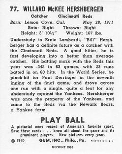1986 1940 Play Ball (Reprint) #77 Willard Hershberger Back