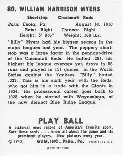 1986 1940 Play Ball (Reprint) #80 Bill Myers Back