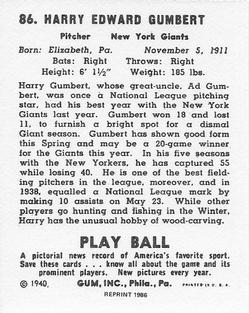 1986 1940 Play Ball (Reprint) #86 Harry Gumbert Back