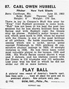 1986 1940 Play Ball (Reprint) #87 Carl Hubbell Back