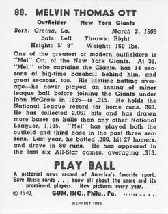 1986 1940 Play Ball (Reprint) #88 Mel Ott Back