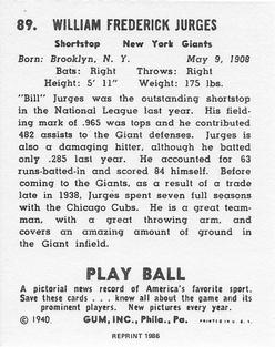 1986 1940 Play Ball (Reprint) #89 Billy Jurges Back