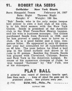 1986 1940 Play Ball (Reprint) #91 Bob Seeds Back