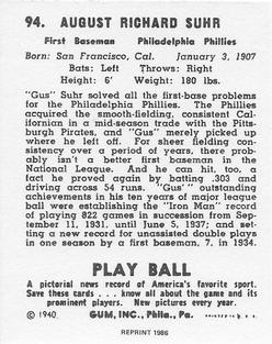 1986 1940 Play Ball (Reprint) #94 Gus Suhr Back