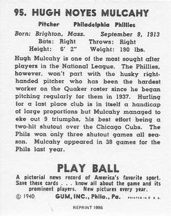 1986 1940 Play Ball (Reprint) #95 Hugh Mulcahy Back