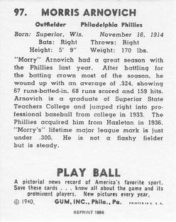 1986 1940 Play Ball (Reprint) #97 Morrie Arnovich Back