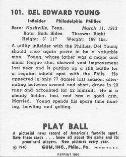 1986 1940 Play Ball (Reprint) #101 Del Young Back