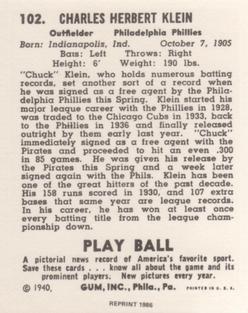 1986 1940 Play Ball (Reprint) #102 Chuck Klein Back