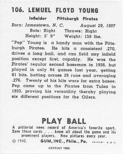 1986 1940 Play Ball (Reprint) #106 Pep Young Back