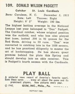 1986 1940 Play Ball (Reprint) #109 Don Padgett Back