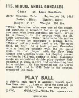 1986 1940 Play Ball (Reprint) #115 Mike Gonzalez Back
