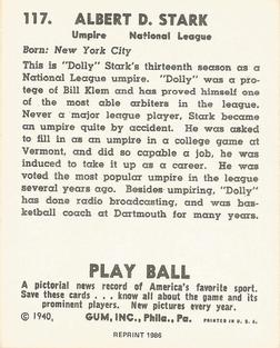 1986 1940 Play Ball (Reprint) #117 Dolly Stark Back
