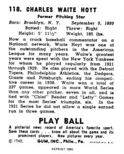 1986 1940 Play Ball (Reprint) #118 Waite Hoyt Back