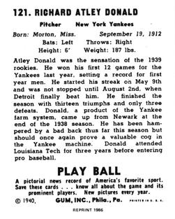 1986 1940 Play Ball (Reprint) #121 Atley Donald Back