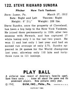 1986 1940 Play Ball (Reprint) #122 Steve Sundra Back