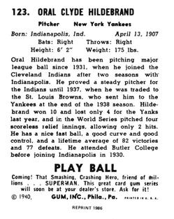 1986 1940 Play Ball (Reprint) #123 Oral Hildebrand Back