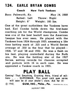 1986 1940 Play Ball (Reprint) #124 Earle Combs Back