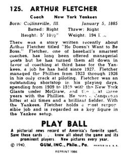 1986 1940 Play Ball (Reprint) #125 Art Fletcher Back