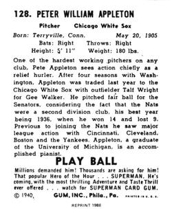 1986 1940 Play Ball (Reprint) #128 Pete Appleton Back