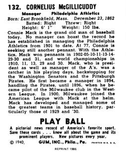 1986 1940 Play Ball (Reprint) #132 Connie Mack Back