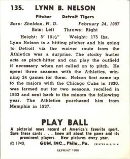 1986 1940 Play Ball (Reprint) #135 Lynn Nelson Back