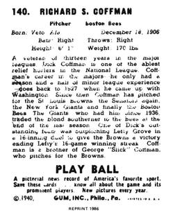 1986 1940 Play Ball (Reprint) #140 Dick Coffman Back