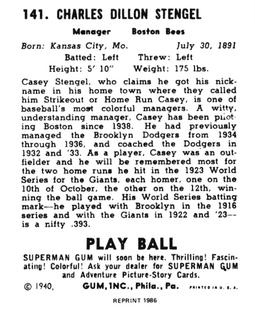 1986 1940 Play Ball (Reprint) #141 Casey Stengel Back