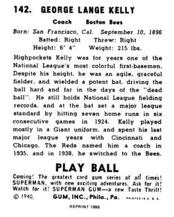 1986 1940 Play Ball (Reprint) #142 George Kelly Back
