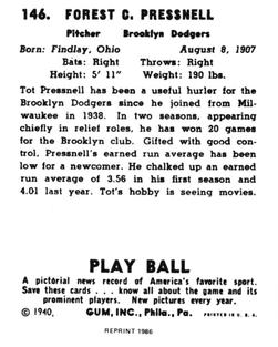 1986 1940 Play Ball (Reprint) #146 Tot Pressnell Back