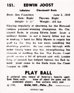 1986 1940 Play Ball (Reprint) #151 Eddie Joost Back