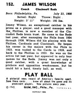 1986 1940 Play Ball (Reprint) #152 Jimmie Wilson Back