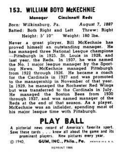 1986 1940 Play Ball (Reprint) #153 Bill McKechnie Back