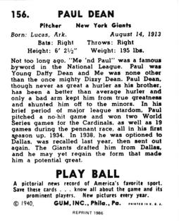 1986 1940 Play Ball (Reprint) #156 Daffy Dean Back
