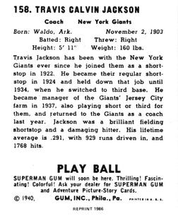 1986 1940 Play Ball (Reprint) #158 Stonewall Jackson Back