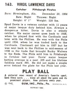 1986 1940 Play Ball (Reprint) #163 Spud Davis Back