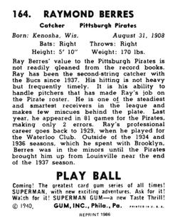 1986 1940 Play Ball (Reprint) #164 Ray Berres Back