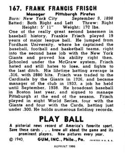 1986 1940 Play Ball (Reprint) #167 Frankie Frisch Back