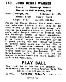 1986 1940 Play Ball (Reprint) #168 Honus Wagner Back