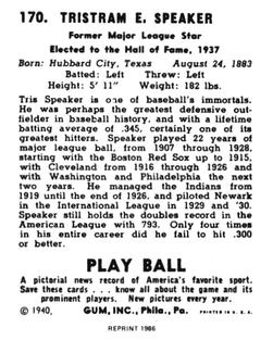 1986 1940 Play Ball (Reprint) #170 Tris Speaker Back