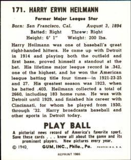1986 1940 Play Ball (Reprint) #171 Harry Heilmann Back