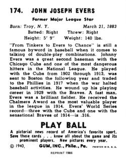 1986 1940 Play Ball (Reprint) #174 Johnny Evers Back