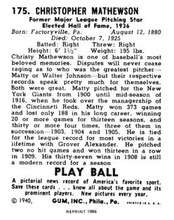 1986 1940 Play Ball (Reprint) #175 Christy Mathewson Back