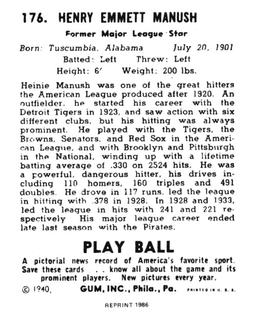 1986 1940 Play Ball (Reprint) #176 Heinie Manush Back