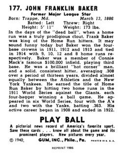 1986 1940 Play Ball (Reprint) #177 Frank Baker Back