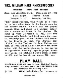 1986 1940 Play Ball (Reprint) #182 Bill Knickerbocker Back