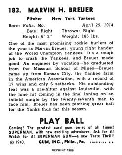 1986 1940 Play Ball (Reprint) #183 Marvin Breuer Back