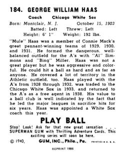 1986 1940 Play Ball (Reprint) #184 Mule Haas Back
